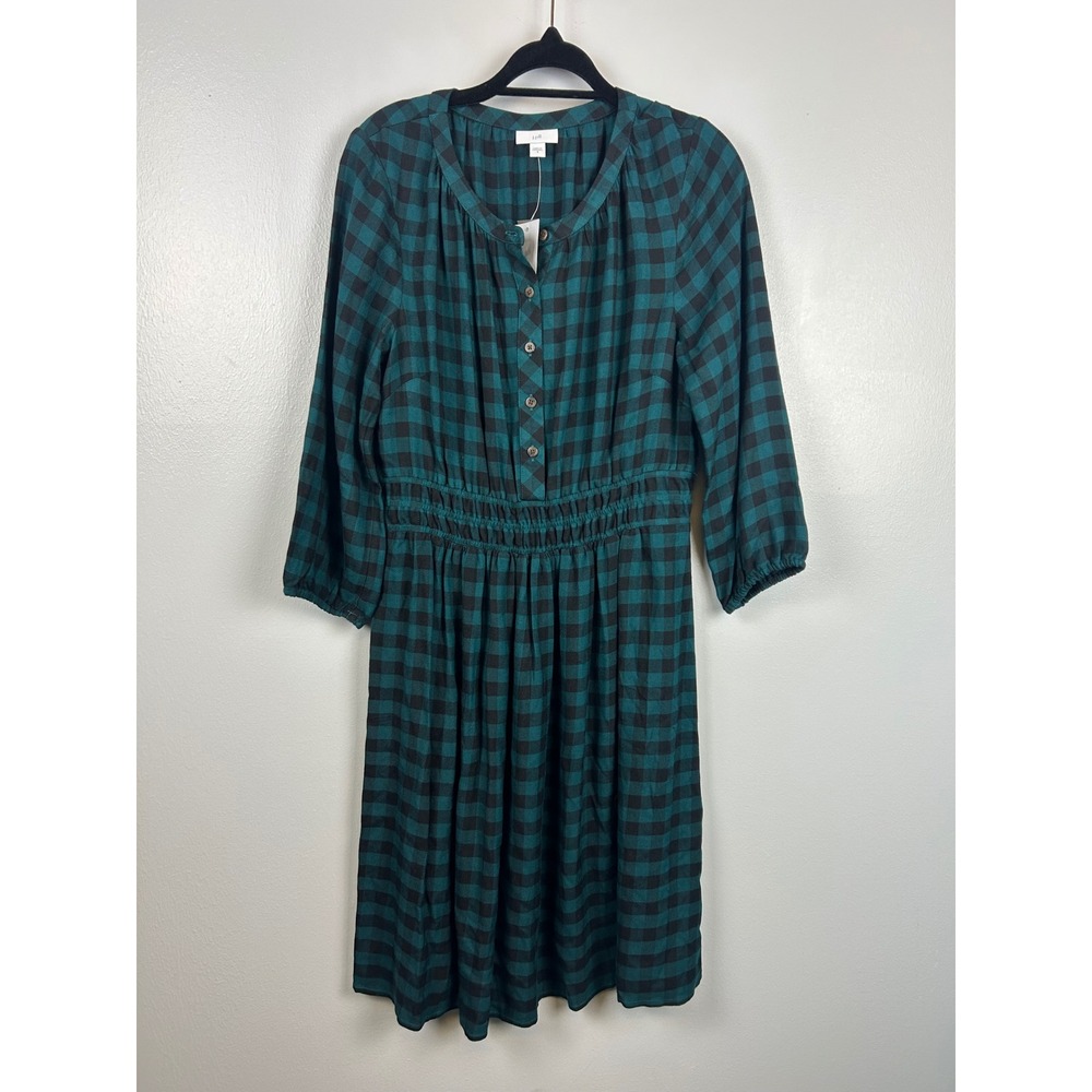 NWT J Jill Plaid A-Line Dress Small Green Black Gingham Button Front Holiday